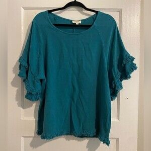 Umgee Teal Linen Blend Double Layer Short Sleeve Raw Edges Fringe Blouse
